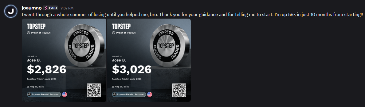 joeymnq: I went through a whole summer of losing until you helped me, bro. I'm up 56k in just 10 months from starting!! Topstep payouts of $2,826 and $3,026.